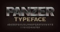 Panzer alphabet font. Rusted metal letters and numbers.