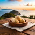 pao de queijo brazilian food with beautiful sea and mountain background