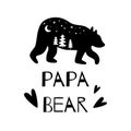 Papa bear black silhouette with forest. Adventure illustration Funny bear for Farthers day card, dad print poster Vector