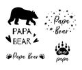 Papa bear text collection. Black bear silhouette paw symbol. Simple papa bear set. Cute fathers day card. Vector