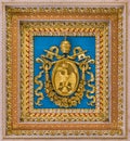 Leo XII coat of arms from the ceiling of the Basilica of Saint Paul Outside the Walls, in Rome. Royalty Free Stock Photo