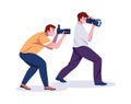 Paparazzi. Cartoon photographers with professional cameras. Smile men take pictures. Hobby or journalist career. Shoot