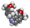 Papaverine opium alkaloid molecule. Used as antispasmodic drug. 3D rendering. Atoms are represented as spheres with conventional