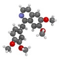 Papaverine opium alkaloid molecule. Used as antispasmodic drug. 3D rendering. Atoms are represented as spheres with conventional