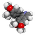 Papaverine opium alkaloid molecule. Used as antispasmodic drug. 3D rendering. Atoms are represented as spheres with conventional