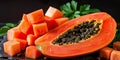 Papaya, with chopped pieces and black seeds, against the background of lush tropical vegetatio