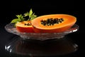 Papaya fruit on a glass plate on a black background, Exotic and juicy A platter of succulent papaya vib, AI Generated Royalty Free Stock Photo