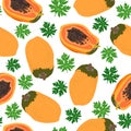 Papaya fruits and half seamless pattern on white background with leaves, Fresh organic food, Summer pattern background Royalty Free Stock Photo