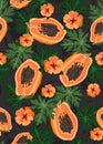 Papaya fruits seamless pattern on black background with leaves and orange hibiscus flower, Fresh organic food