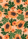 Papaya fruits seamless pattern on pastel orange background with leaves and orange hibiscus flower, Fresh organic food Royalty Free Stock Photo