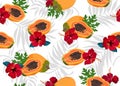 Papaya fruits seamless pattern on white background with gray palm leaves and red hibiscus flower, Fresh organic food Royalty Free Stock Photo