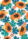 Papaya fruits seamless pattern on white background with leaves and frangipani flower, Fresh organic food Royalty Free Stock Photo