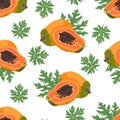 Papaya fruits seamless pattern on white background with leaves, Fresh organic food, Tropical fruit vector Royalty Free Stock Photo