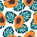 Papaya fruits seamless pattern on white background with tropical leaves, Fresh organic food, Tropical fruit vector Royalty Free Stock Photo