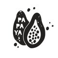 Papaya grunge sticker. Black texture silhouette with lettering inside. Imitation of stamp, print with scuffs