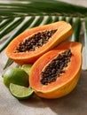 Papaya halves with lime on a cement surface. Royalty Free Stock Photo