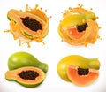 Papaya juice. Fresh fruit, vector icon set
