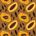 Papaya, mango and papya seeds seamless pattern. Exotic fruits half sliced background. Vector illustration for textile, cover Royalty Free Stock Photo