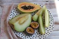 Fresh fruits, papaya, melon and passion fruit
