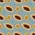 Papaya and passion fruits seamless patter. Exotic fresh fruits background