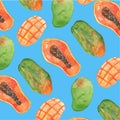 Vector Watercolor Orange Papaya on Turquoise Backgorund Seamless Pattern