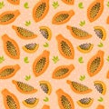 Papaya pattern. Seamless summer tropical fruit background. Pink repeat print for kitchen, exotic fruit illustration in