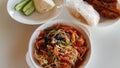 Papaya salad with carb,fermented fish and sticky rice ,rubber ckicken. Royalty Free Stock Photo