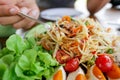 Papaya salad is a food that is popular among Thai people. Close up of Thai food style Royalty Free Stock Photo