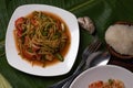 Papaya salad with mango, rubber chicken and sticky rice. Popular food in Thailand Royalty Free Stock Photo