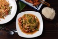 Papaya salad with mango, rubber chicken and sticky rice. Popular food in Thailand Royalty Free Stock Photo