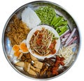 Papaya Salad on tray, with roasted pork, rice noodles, shrimp pork, boiled egg, fried Vietnamese sausage Royalty Free Stock Photo