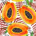 papaya seamless pattern. Hand drawn fresh tropical plant waterecolor illustration.