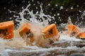 papaya slices diving into a splashy river Royalty Free Stock Photo