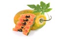 Papaya with slices and leaf isolated on white Royalty Free Stock Photo