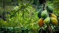 Papaya tree with some fruits hanging on it