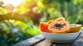 papaya in a white bowl on a wooden table nature background. Selective focus Royalty Free Stock Photo