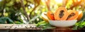 papaya in a white bowl on a wooden table nature background. Selective focus Royalty Free Stock Photo