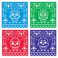 Papel Picado design with sugar skulls, Mexican paper cut out pattern collection - Halloween, Dia de Los Muertos, Day of the Dead c