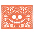 Halloween Papel Picado design with skulls and pumpkin scary face, Mexican paper cut out pattern - Dia de Los Muertos, Day of the D