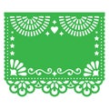 Papel Picado vector blank template design, floral green design with abstract shapes, retro Mexican paper decorations pattern