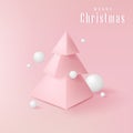 Merry Christmas greeting card with pink triangles and white balls 3D. Festive background with christmas tree made of triangles. Royalty Free Stock Photo