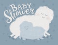Adorable sweet Baby Shower illustration with farm animals (mommy sheep, cute lamb) on pastel blue background. Royalty Free Stock Photo