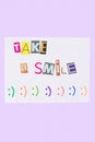 A paper ad with the phrase: Take a Smile and with smile signs.