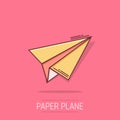 Paper airplane icon in comic style. Plane vector cartoon illustration on isolated background. Air flight business concept splash Royalty Free Stock Photo