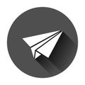 Paper airplane icon in flat style. Plane vector illustration on black round background with long shadow. Air flight business Royalty Free Stock Photo