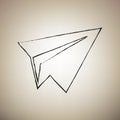 Paper airplane sign. Vector. Brush drawed black icon at light br Royalty Free Stock Photo