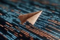 Paper Airplane Soaring Through a Digital Storm A Metaphor for Freedom and Escape in the Binary Code Abstract of the Modern Digital Royalty Free Stock Photo