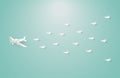 Paper airplane among white origami airplanes, leadership, teamwork, motivation, stand out of the crowd concept, vector eps10