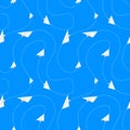 Paper airplanes fly on routes, seamless pattern