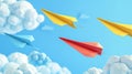 Paper airplanes flying in the sky with hand drawn clouds in school notebook background. Modern cartoon children planes